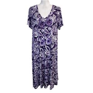 Roaman's Dress size 14 16 Purple Paisley Slinky Stretch Midi Swing A Line Church